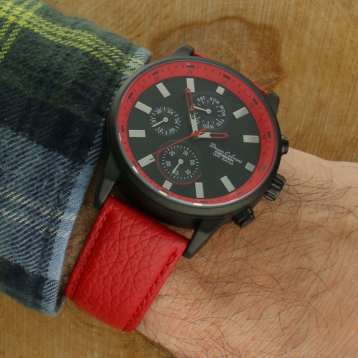 Bruno Calvani BC1377 RED – męski zegarek kwarcowy, czerwony pasek, czarna tarcza red...jpg